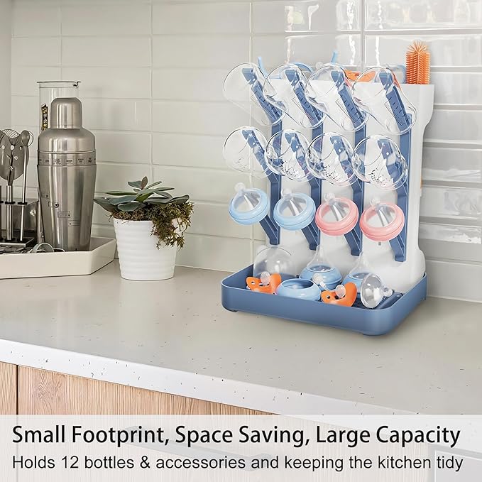 Baby Bottle Drying Rack, Vertical Bottle Rack Dryer Space Saving Bottle Drying Rack Countertop Organizer with Brush Holder for Bottles & Baby Accessories Pacifiers and Pump Part- BPA-Free(Blue)