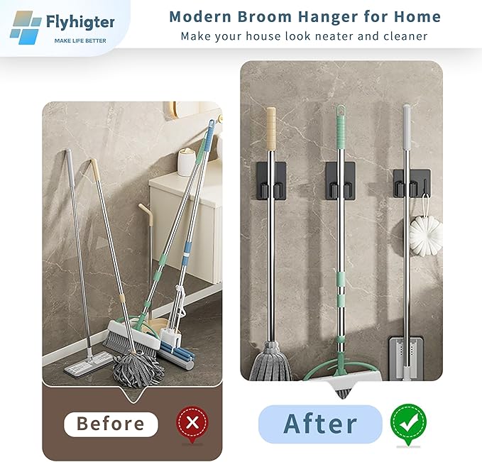 6 Pack Stainless Steel Mop and Broom Holders – Wall Mounted Grippers with Adhesive or Nail-Free Glue, No-Drill Installation for Kitchen, Bathroom, Garage