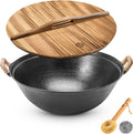 WANGYUANJI 11.8" Round Bottom Cast Iron Wok - Small Traditional Pow Wok for Camping & Open Fire - Gas Stove Compatible (Wok Ring Required) - Uncoated Stir Fry Pan with Cleaning Brush