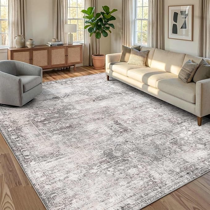 Vintage 8x10 Grey Rug For Living Room, Washable Large Area Rugs for Bedroom, Dining Room, Kitchen, Non Slip Low Pile Soft Distressed Floor Carpets For Kids Nursery, Classroom, Farmhouse Office