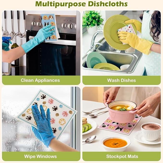 6 Packs Swedish Paper Cloths for Kitchen, Reusable Paper Towels Washable Dish Rags, Highly Absorbent Kitchen Towels Quick Drying Swedish Sponge Cleaning Dish Cloths(Dogs Feet)