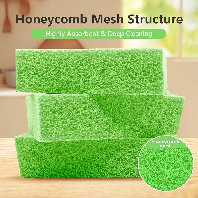 Cleaning and Washing Sponge, 3 Pack Large Extra Thick Heavy Duty Sponge Multi-Purpose for Kitchen Bathroom Bike Boat Car, Natural Cellulose Sponges 4" X 6" X 2" (Green)