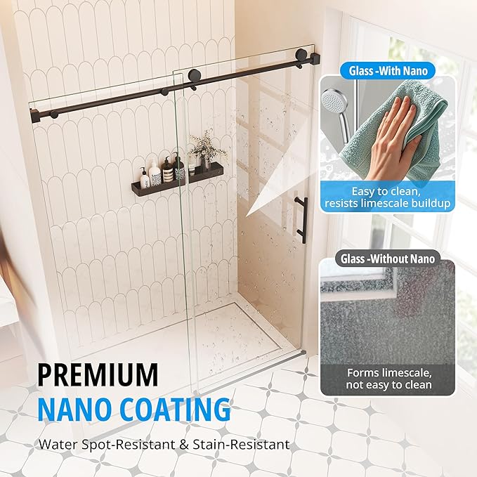 Frameless Sliding Shower Door 56–60 in W x 76 in H, 10mm Clear Tempered Glass Shower Doors Glass Sliding 60 Inches, Single Nano Coating, Stainless Steel Hardware, Silent Smooth Rollers, Matte Black