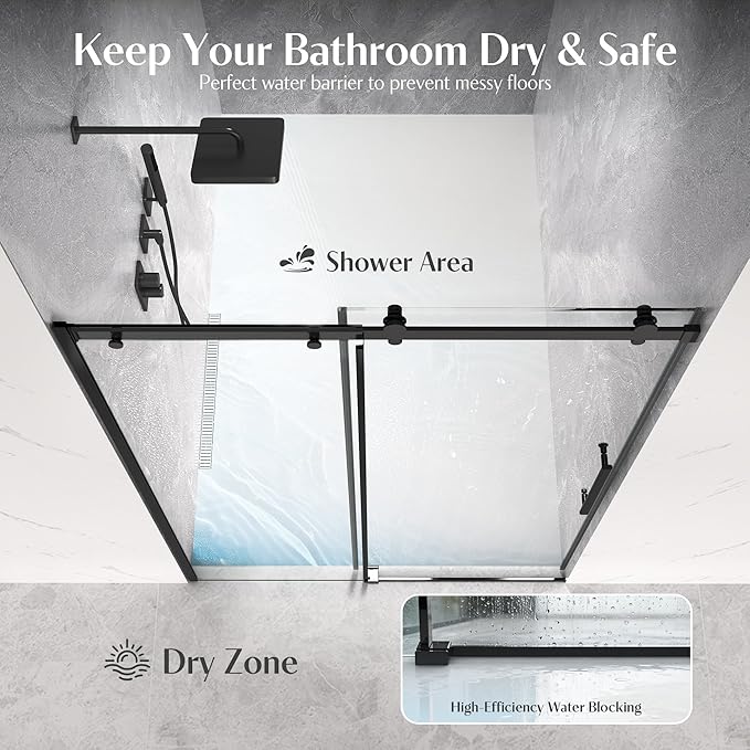Shower Door Frameless 44-48'' W x 72'' H, Sliding Glass Door, 5/16 inch (8mm) Thickness Clear Tempered Glass for Walk-in Shower, Matte Black