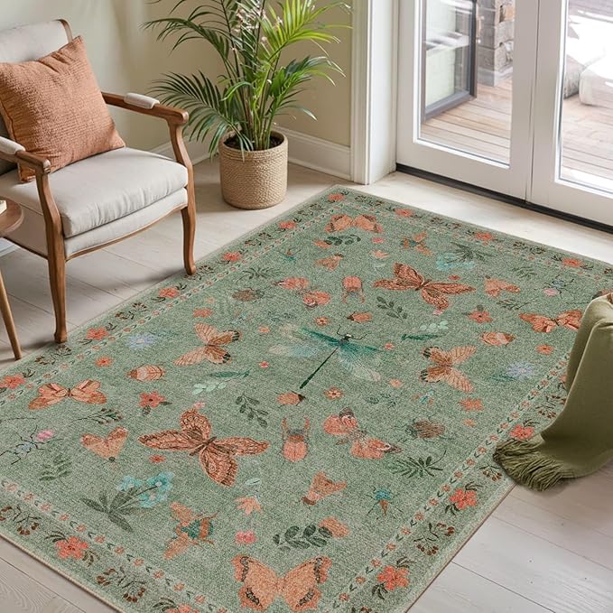 3x5 Rug for Entryway Bedroom, Green 3x5 Washable Area Rug, Floral Vintage Retro Boho Throw Rug, Non Slip & Low Pile Small Carpet for Indoor Kitchen, Bedside, Living Room, Bathroom and Dining