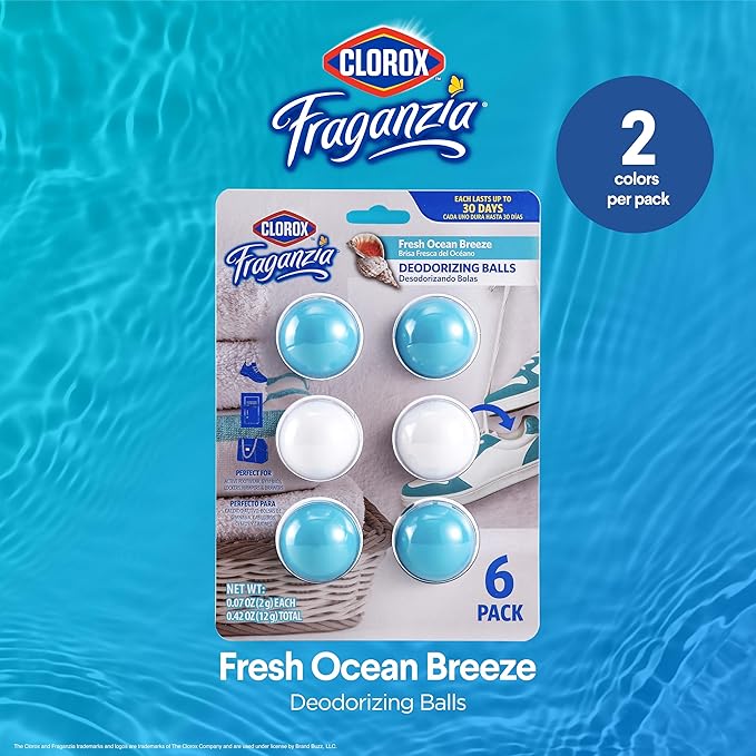 Clorox Fraganzia Deodorizing Balls for Shoes & Small Spaces, Battery-Free No-Plug Air Freshener Pods, Twist-to-Activate Odor Refresher for Gym Bags, Lockers & Drawers, Fresh Ocean Breeze, 6 Count