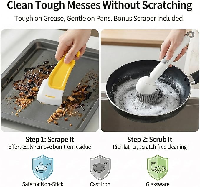Soap Dispensing Dish Brush Set with 6 Adjustable Angles, No-Leak Kitchen Scrub Brush with Holder & Silicone Scraper, Heavy Duty Dish Wand for Pots, Pans, Sink & Countertop