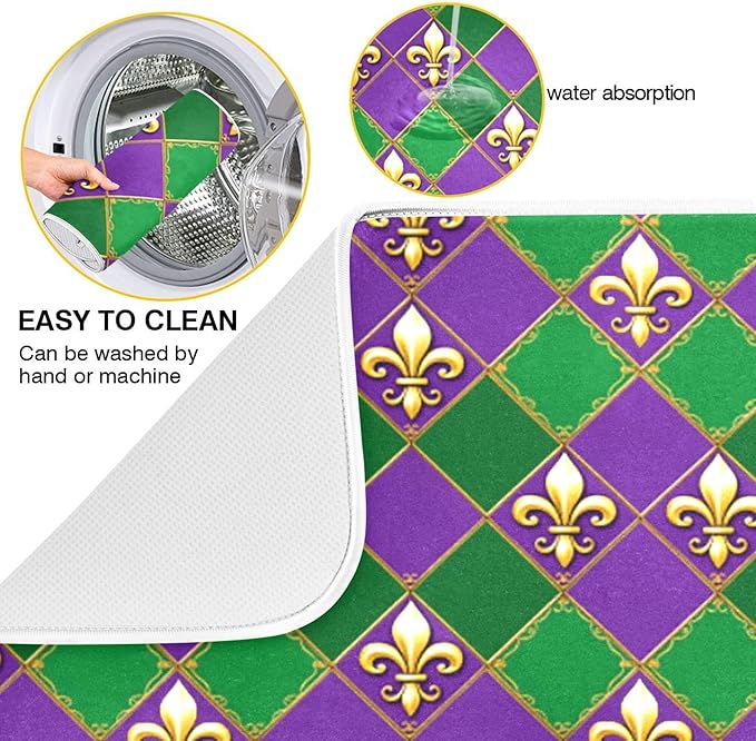 Happy Mardi Gras Purple Green Dish Drying Mat for Kitchen Countertop 18x24 Fleur de Lis Buffalo Plaid Large Drying Mat Reusable Quick Dry Dish Sink Mats Easy Clean Decorative Essentials