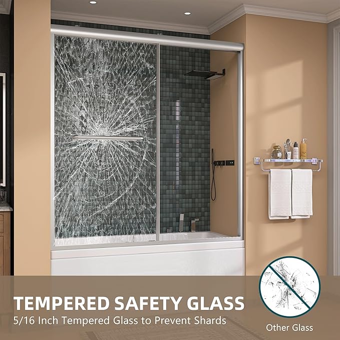 GETPRO Tub Shower Door 56-60 in. W x 62 in. H Double Sliding Bathtub Door for Shower,Semi-Frameless Bypass Glass Shower Doors for Bath Tub with 5/16 inch Tempered Glass Brushed Nickel