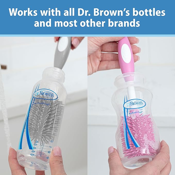 Dr. Brown's Soft Touch No Scratch Baby Bottle Cleaning Brush Nipple Cleaner with Stand and Storage Clip,BPA Free,Pink,(Pack of 12)