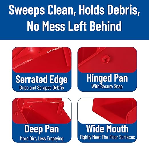 SPARTA Upright Dustpan with Aluminum Handle, Serrated Edge for Broom Combing, Secure Yoke Lock with Easy Storage Hanging Hole for Commercial Cleaning, Plastic, 30 Inches, Red