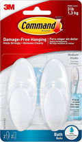 Command Bath Medium Hooks, 3 lb Capacity, 2-Hooks, 2-Strips, Organize Damage-Free