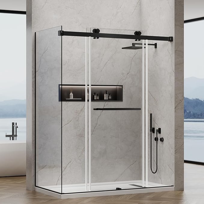 60x76 in Frameless Double Sliding Shower Door with 32x76 in Side Panel, Nano Glass, 304 Stainless Steel in Matte Black, L-Shape Design, Reversible Install