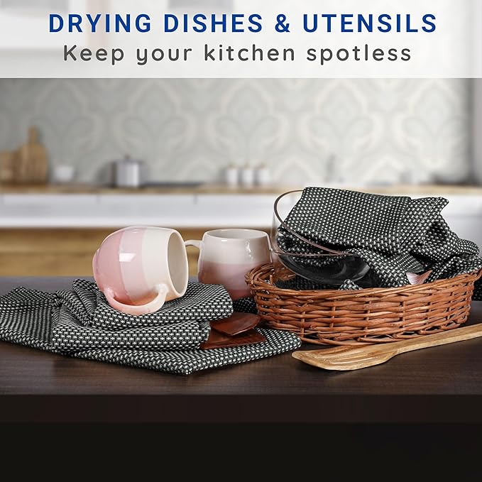 TWINY Threads Cotton Kitchen Towels, Set of 6, 18x28 Inches, Ultra Absorbent & Soft, Quick-Dry, Reusable Dish Cloths with Hanging Loop, Durable and Washable for Everyday Cleaning, Cooking, Black