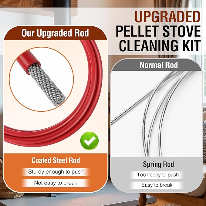 Feekoon Pellet Stove Cleaning Kit, 10 FT Flexible Steel Rod with 3" & 4" Brush Head, Flue Detail Cleaner, Pellet Stove Accessories for Vent Pipes Cleaning - Reduce Buildup & Improve Airflow