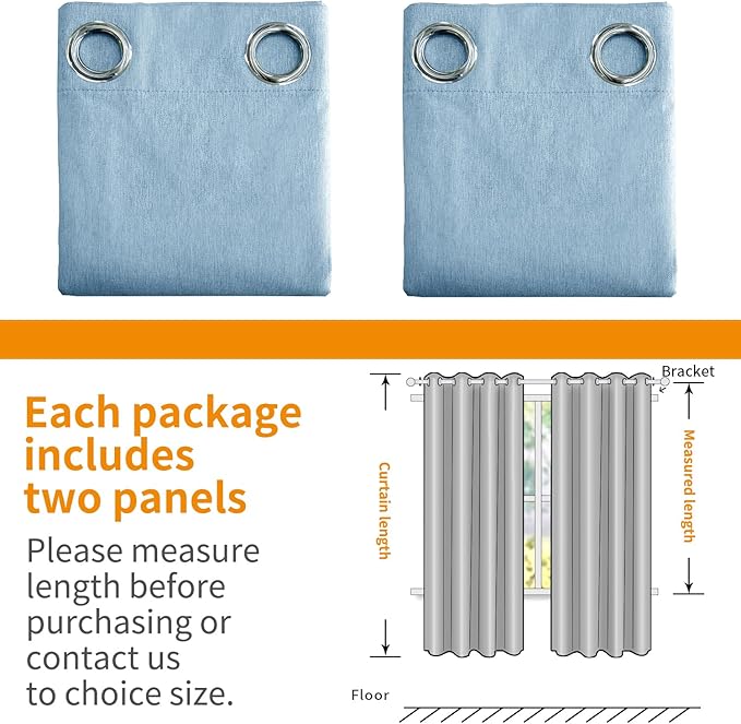 YoungsTex Light Blue Linen 100% Blackout Curtains 40 Inch Length, Short Thermal Insulated Drapes with Grommet Privacy Ocean Decor for Bathroom Bedroom Window, 2 Panels, 42 X 40 Inch