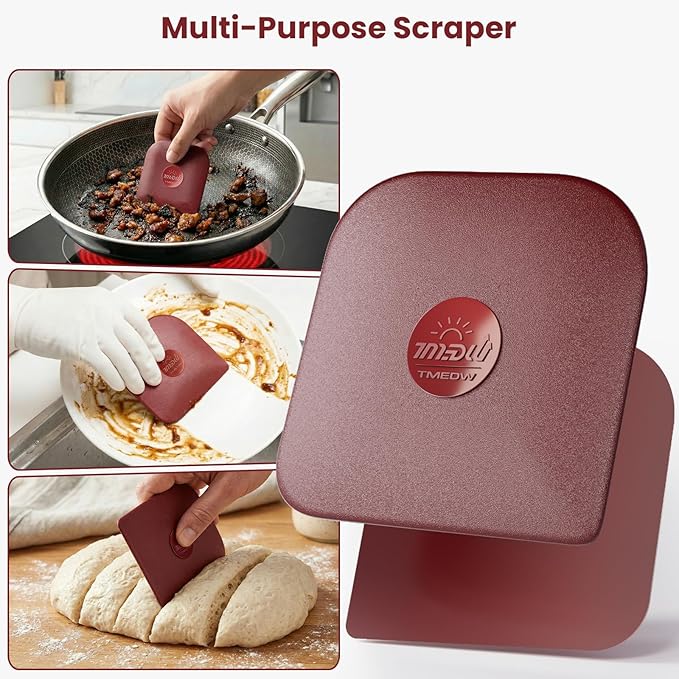Pan Scraper, 5 Pcs Pot Scraper, Pan Scraper Plastic, Multifunctional Scraper Tool for Kitchen, Non-Slip, Food Safe, High Heat Resistant-Red