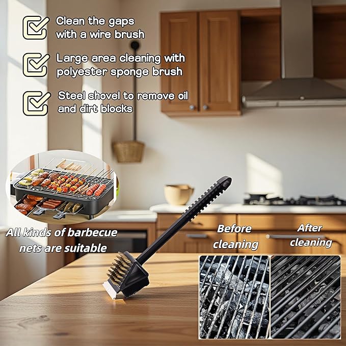 3-in-1 Grill Brush with Scraper & Scrub Pad, 14.5" Long Handle Brass Brush for BBQ Grill Cleaning, Heavy Duty Copper Bristles, Rust-Proof, Hanging Hook, Safe for Gas/Charcoal Grills