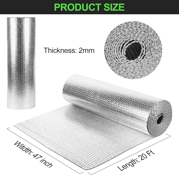 Reflective Insulation Roll 47inch x 20Ft Double Bubble Reflective Aluminum Foil Wrap Insulating Sheet Thermal Shield Radiant Barrier for Winter RV Window Thermal Cold Insulation Summer Heat - Silver