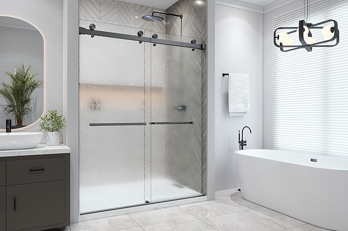 VITRA-200X 56.5-59" W x 78" High 3/8" Twinglide Frameless Shower Door with (10mm) Rain Tempered Glass (Matte Black)
