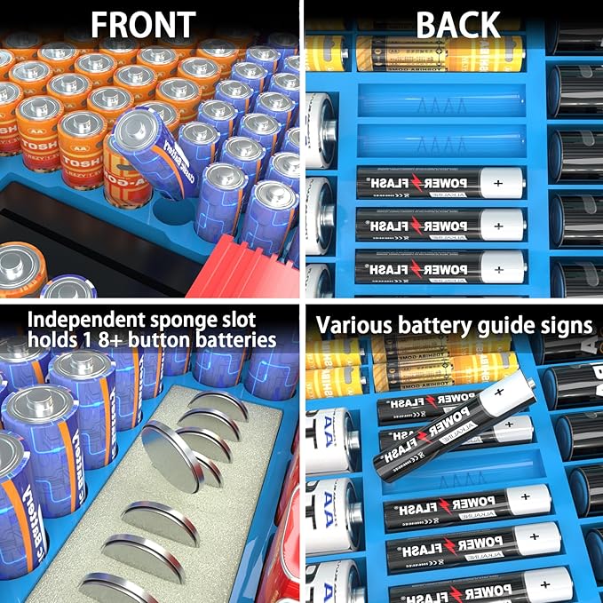 ALCYON Battery Organizer Case with Tester-Double-Sided Design for 269+ AA/AAA/C/D/9V Batteries, Portable Storage Solution for Home, Office, Workshop (Blue, Case Only)