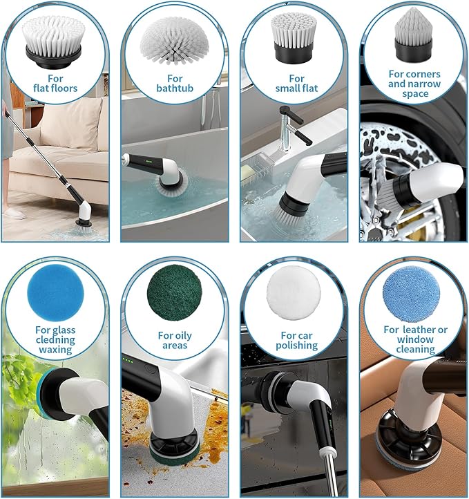 Replaceable Brush Heads Set,8 Pcs Set Suitable for Electric Spin Scrubber,Spin Brush Heads Replacement for Most Brands of ANS-8051A/8050 Cordless Shower Scrubber,for Home and Kitchen,Bathroom,Car