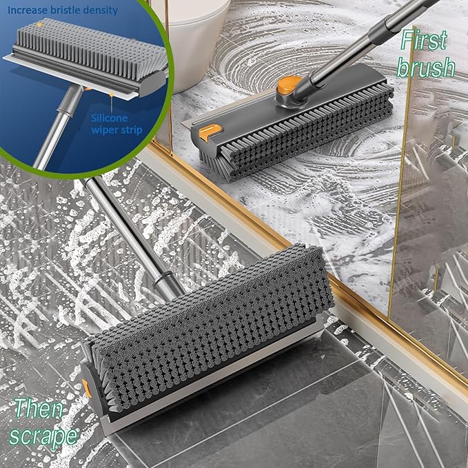 Floor Scrubbing Brush with Squeegee,2 in 1 Grout Brush with 54" Adjustable Long Handle,V-Shape Stiff Brush Bristle,360°Rotation,Bathroom Cleaning Brush for Tile,Deck,Garage,Kitchen,Swimming Pool,Grey