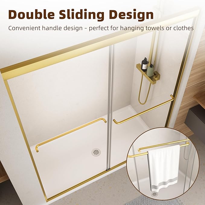 Shower Door,56-60" W x 70" H Semi-Frameless Double Sliding Glass Shower Door with 1/4'' (6mm) Clear SGCC Tempered Glass,Bypass Shower Enclosure,Brush Gold