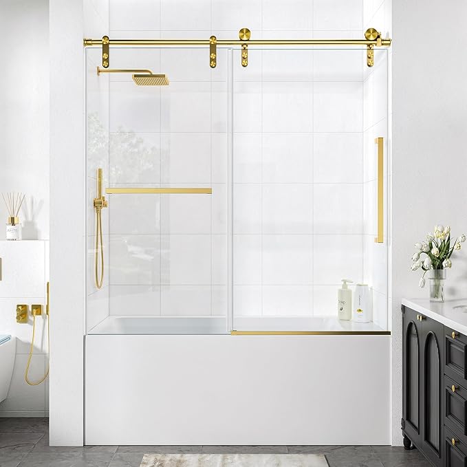 Frameless Bathtub Shower Door, 56-60" W x 60" H Single Sliding Tub Shower Glass Doors, 5/16" (8mm) SGCC Tempered Glass Bath Tub Door with Explosion-Proof Film, Brushed Gold, Easy to Clean