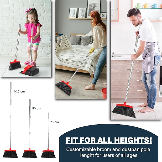 Broom and Dustpan Set 55", Long Adjustable Stainless Steel Handle, Upright, Large Size, Lightweight Broom with Dustpan Combo Set for Home Kitchen Office Lobby Indoor and Outdoor