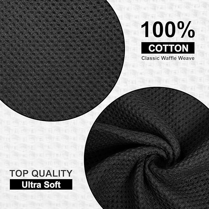 Kitinjoy 100% Cotton Waffle Weave Kitchen Towels (20 X 28 Inches, Black), 4-Pack Super Soft and Absorbent Dish Towel for Drying Dishes