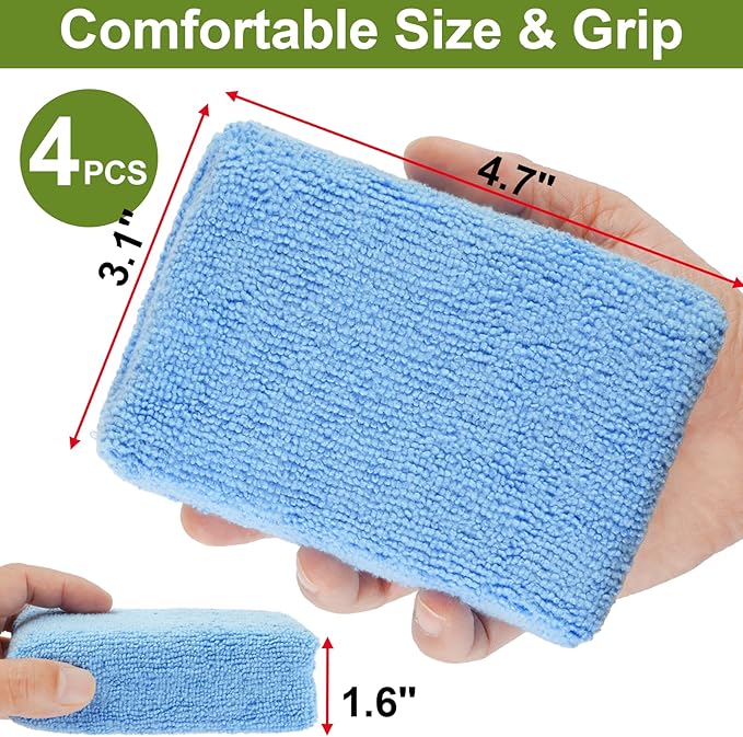 4 PCS Microfiber Applicator Pad, 4.7"x3.1" Scratch-Free Foam Buffing Scrub Pads, Car Wash Sponges for Effortless Detail Polishing, Waxing, Tire Shining, Interior Cleaning, Scrubbing (Blue)