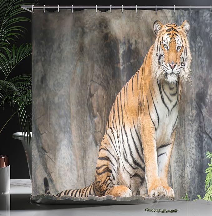 Ambesonne Zoo Shower Curtain, Bengal Tiger Feline Predator Aggressive Hunter Carnivore Africa Savannah, Cloth Fabric Bathroom Decor Set with Hooks, 69" W x 84" L, Pale Brown White Black