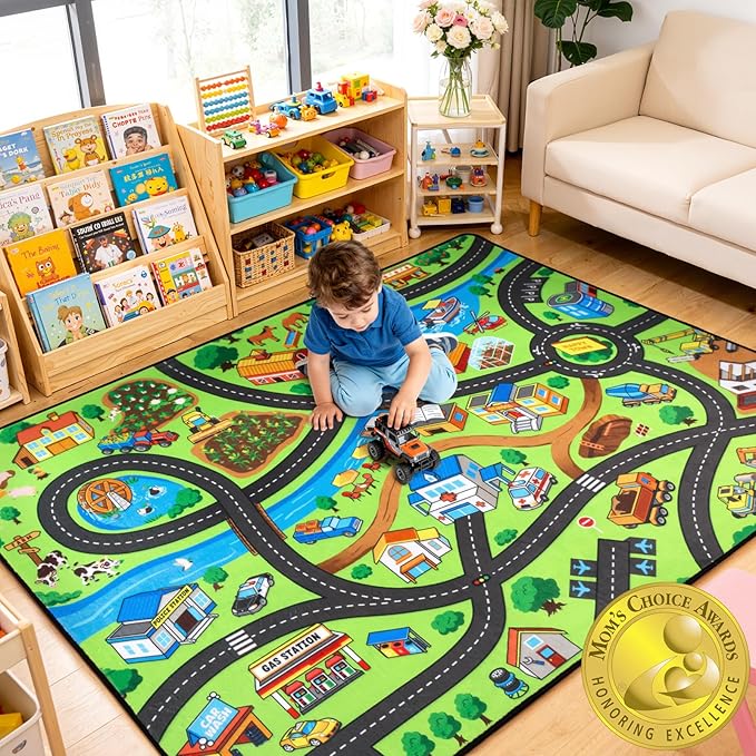 Kids Rug, 4x6 Ft City Farm Play Rug for Children, Extra Thick (0.4in) Car Carpet Play Mat with Bright Colors, Soft & Non-Slip Toy Car Mats with Roads for Kids Room, Playroom and Nursery