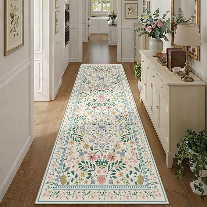 2'6" x 8' Floral Runner Rug, Washable Runners for Hallways, Green Vintage Boho Kitchen Rugs, Non Slip Hallway Runner Carpet for Indoor Hallway, Kitchen, Laundry Room and Bathroom