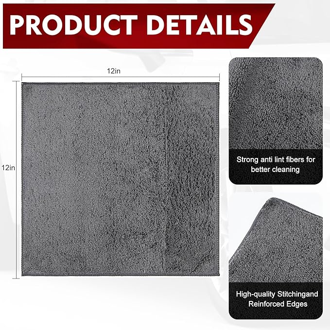 12 Pack Microfiber Cleaning Cloth for Cars, 12" X 12" Car Microfiber Towels, Soft, Absorbent and Lint Free Cleaning Cloth, Premium Wash Cloth for Car,Window and Household, Dark Grey