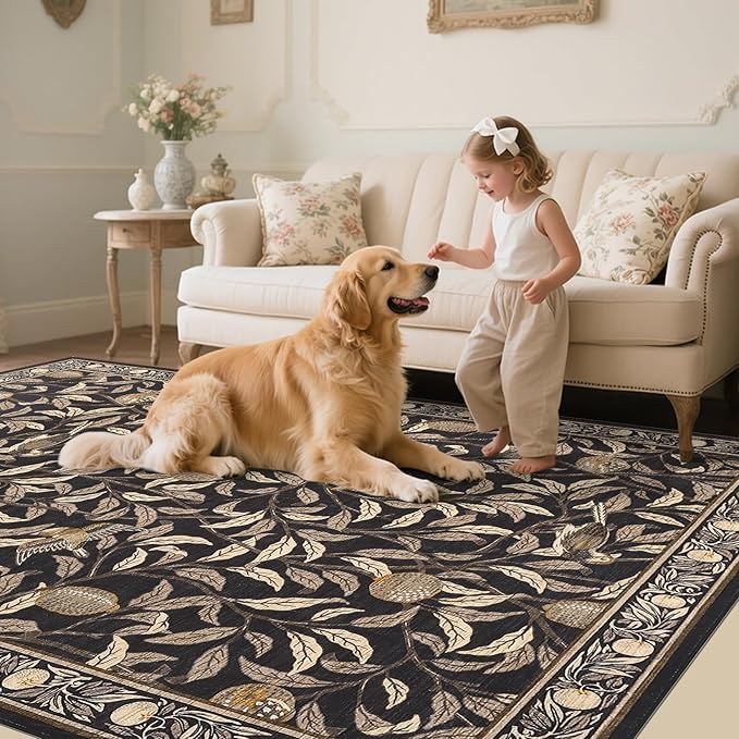 GarveeHome Boho Leaf Area Rugs 9x12 Living Room, Large Rugs for Living Room with Soft Low Pile, 9x12 Botanical Bird Washable Rug with Non-Slip Backing for Bedroom Dining Room Brown Carpet