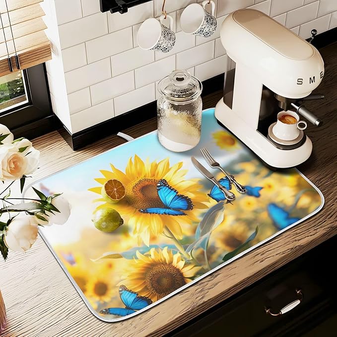 Blooming Sunflowers Blue Butterfly03 Dish Drying Mat for Kitchen Counter Absorbent Microfiber Small Drying Pad Dish mats for Kitchen Countertops 16 x 18 Inch