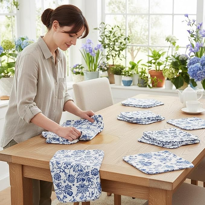 Tinlade 36 Pack Blue and White Floral Reusable Cleaning Cloths Washable Kitchen Towels Bulk Absorbent Cotton Dish Towels for Home Kitchen Cleaning Supplies