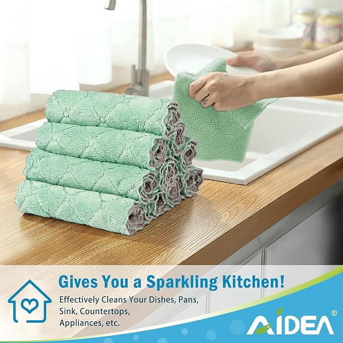AIDEA Kitchen Towels, 24 Pack Absorbent Coral Fleece Dish Towels, No Odor Reusable Dish Cloths, Microfiber Cleaning Cloths, Fast Drying Dishcloths, 6.3" x10.4"