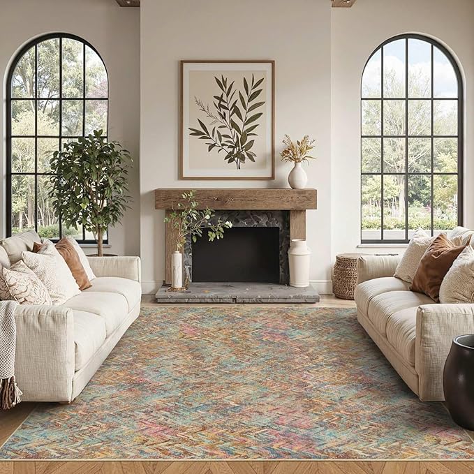 Floral Rug for Living Room Bedroom, 4x6 Washable Rug, Vintage Boho Style, Large Non Slip & Low Pile Wool Carpet for Indoor Dining Room, Girls Room, Nursery Room and Kids Room(Boho Multi 4x6ft)