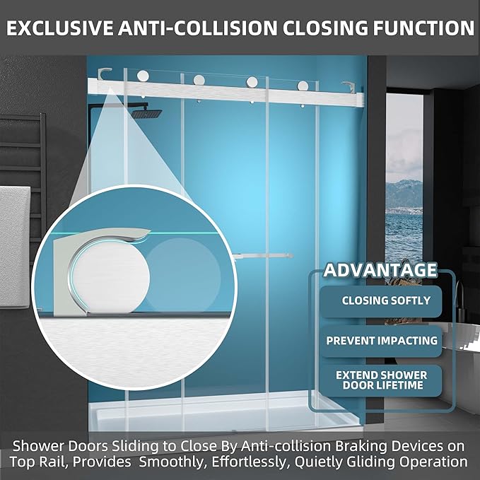 GETPRO Shower Door 69-72" W x 79" H, Frameless 3/8 inch Tempered Glass Shower Doors Double Sliding with Upgraded Soft Closing and Anti-Jumping System Width Adjustable Brushed Nickel