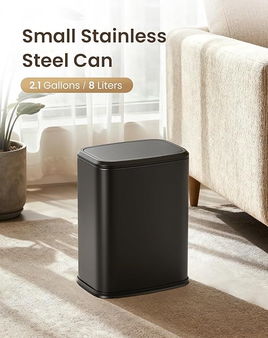 Cesun Small Bathroom Trash Can with Swing-Top Lid,8L/2.1 Gallon Stainless Steel Garbage Can with Removable Inner Bucket, Slim Waste Basket for Home, Office, Toilet, Bedroom, Living-Room (Black)