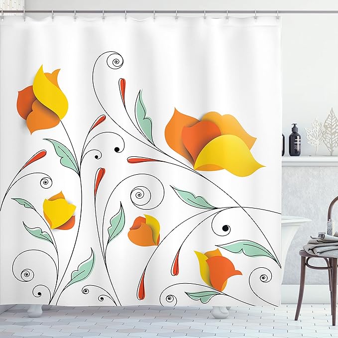 Ambesonne Floral Shower Curtain, Bouquet with Swirled Branches Romantic Paper Flowers Origami Autumn Blooms Image, Cloth Fabric Bathroom Decor Set with Hooks, 69" W x 70" L, Mint Orange