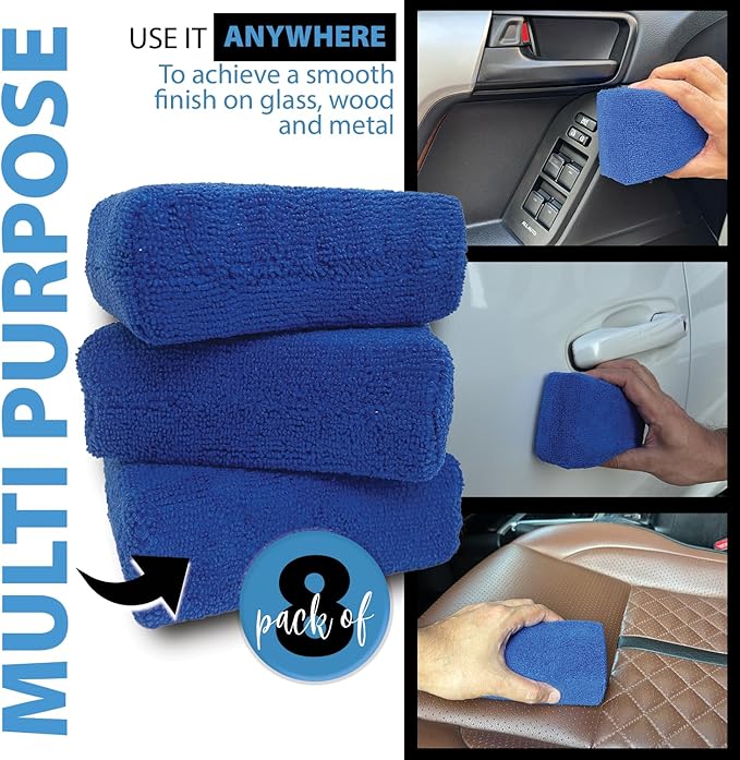 Microfiber Applicator Pad (5" X 3") (Pack of 8) Rectangle Microfiber Applicator Sponges Lint Free Soft Polishing Pads Car Wax Applicator for Detailing and Buffing - Blue