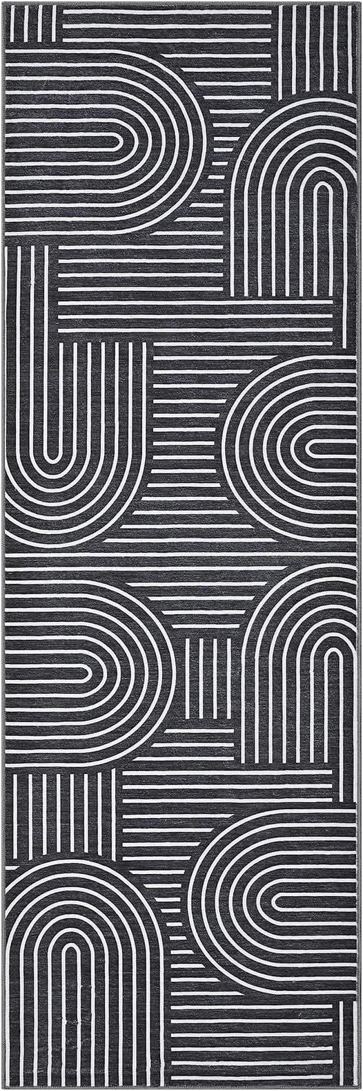 Modern Rug 2.5x10 Runners for Hallways, Abstract Kitchen Runner Rugs Non Slip Bath Mat, Rainbow Washable Runner Rug for Bedroom, Soft Long Rugs for Entryway Bathroom Laundry Dorm, Black
