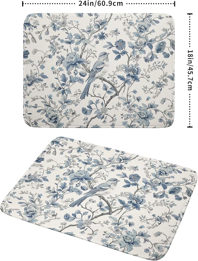 Chinoiserie Trees Dish Drying Mat for Kitchen Counter,Bule Bird Flowers Drying Mat 18 x 24 Inch with Absorbent Reversible Microfiber Drying Pad for Coffee Bar