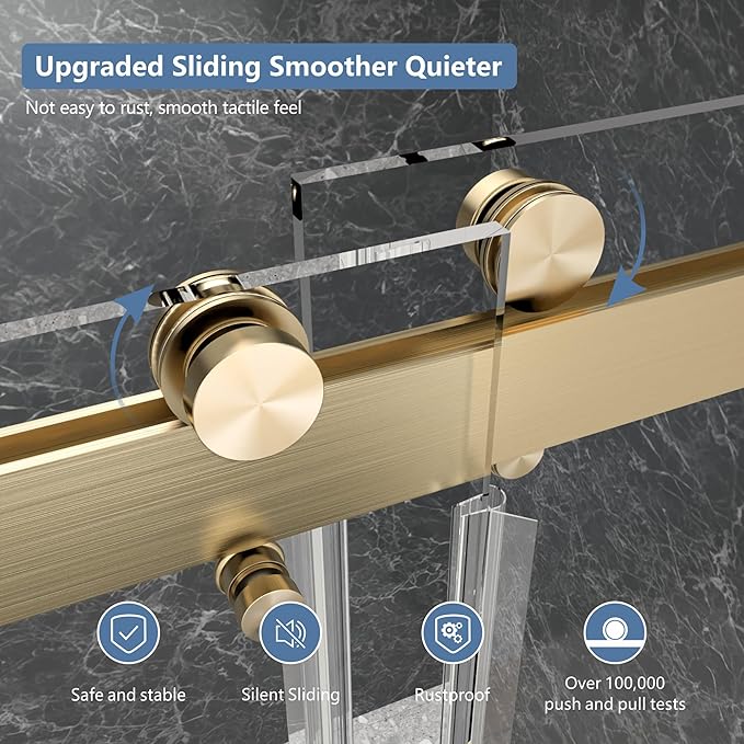 44-48" W x 76" H Frameless Shower Door, Double Sliding Glass Shower Door with 5/16" (8mm) Clear SGCC Tempered, Roller Disc System, 304 Stainless Steel (Brushed Gold, 44-48" W*76" H)