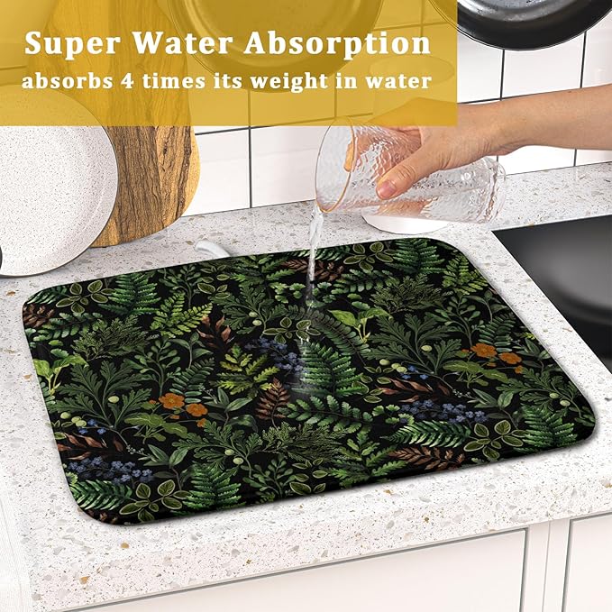 Black Sage Green Plant Dish Drying Mat for Kitchen Counter,Vintage Botanic Fern Leaves Floral Drying Mat 16 x 18 Inch with Absorbent Reversible Microfiber Drying Pad for Coffee Bar
