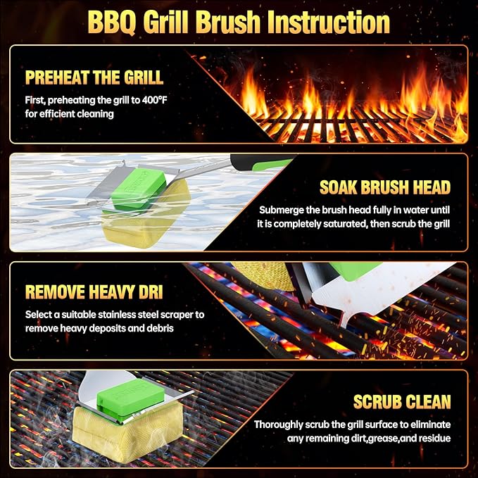 Grill Brush Bristle Free for Outdoor Grill, Steam Grill Cleaning Brush Replaceable BBQ Cleaner Brush Head,Extended Handle, Safe Grill Brush with Scraper for Cast Iron Stainless-Steel Grates